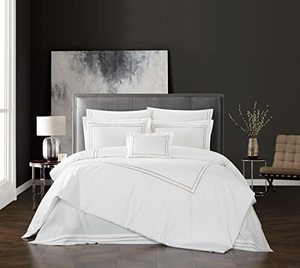 lot 1570 image: Chic Home Santorini 4 Piece Cotton Comforter Set Solid White with Dual Stripe Embroidered Border Hotel Collection Bedding �� Includes Decorative Pillow Shams, King, Beige