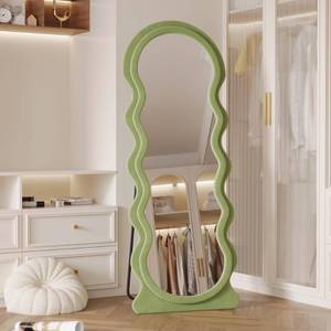 lot 1574 image: Vlsrka 63 x 24 Wavy Mirror Full Length, Irregular Wave Floor Mirror with Flannel Wrapped Wood Frame, Standing Full Body Mirror, Large Wall Mounted Mirror for Bedroom, Living Room (Green)
