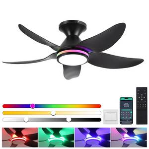 lot 1582 image: Kviflon Ceiling Fans with Lights RemoteAPP Control, 38 Low Profile Ceiling Fans with Dimmable White Colors RGB Ring Lights, 6 Speeds 5 Reversible Blades for Kids Room Bedroom Living Room, Black