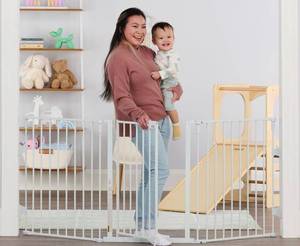 lot 1589 image: Regalo 76 Inch Super Wide Configurable Baby Gate, 3-Panel, Includes Wall Mounts and Hardware