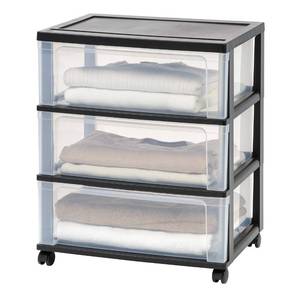 lot 1597 image: IRIS USA 3 Drawer Wide Storage Drawer Cart with Caster Wheels, Plastic Rolling Dresser for Home Closet Bedroom Bathroom Office Laundry Kitchen Craft Room Nursery and School Dorm, BlackClear