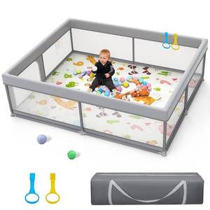 lot 1611 image: Palopalo 71x59 Extra Large Baby Playpen, Sturdy Safety Playard for Babies and Toddlers, Baby Activity Center with 8 Suction Cup Bases and Soft Breathable Mesh, Infants Play Pen with Gate, Gray