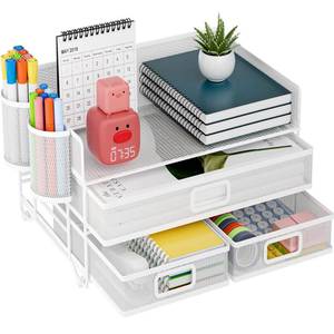 lot 2383 image: Marbrasse 3 Tier Mesh Desk Organizer with Drawer, Multi-Functional Desk Organizers and Accessories, Paper Letter Organizer with 2 Pen Holder for Home Office Supplies - White