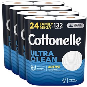 lot 2399 image: Cottonelle Ultra Clean Toilet Paper with Active CleaningRipples, 1- Ply, 24 Family Mega Rolls (4 Packs of 6) (24 Family Mega Rolls 132 Regular Rolls), 388 Sheets per Roll, Packaging May Vary