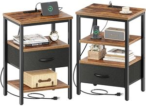 lot 2411 image: SUPERJARE Nightstand Set of 2, Bed Side Tables with Charging Station, Adjustable Fabric Drawer, Night Stand for Bedroom, 3-Tier Storage End Tables, for Living Room, Rustic Brown and Black