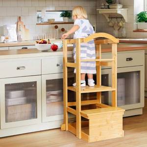 lot 2421 image: IPOW Learning Stool Toddler Tower, Adjustable Height Kids Step Stool - Bamboo Kitchen Bathroom Counter Helper Montessori Stool Learning Furniture Standing Baking Tower with Safety Rail