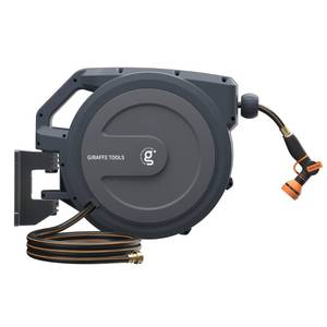 lot 2437 image: Giraffe Tools AW30 12MB Retractable Garden Hose Reel 12 x 100 ft PRO Metal Bracket, Heavy Duty, Any Length Lock Hose Reel, 100ft, Dark Grey