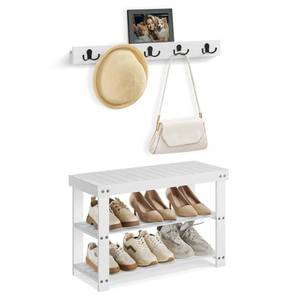 lot 2439 image: SONGMICS Hall Tree with Bench, Coat Rack Shoe Bench Set, Entryway Furniture, Multifunctional, 5 Double Metal Hooks, 3-Tier Bamboo Shoe Rack, for Entryway, Hallway, Bedroom, Cloud White ULCR004W01