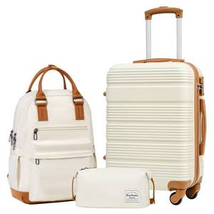 lot 3378 image: LONG VACATION Luggage Set 20 IN Carry on Suitcase ABS Handshell Luggage 3 Piece Set with TSA Lock Spinner Wheels (3 piece set (BP), WHITE-BROWN)