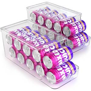 lot 3477 image: Soda Can Dispenser for Refrigerator with Lids, Stackable Drink Organizer for Fridge, Clear Plastic Refrigerator Organizer Bins, Beverage Can Holders for Pantry, Freezer, Kitchen, Cabinets Set of 2