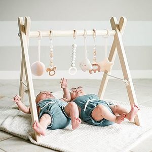 lot 3494 image: Wooden Baby Gym with 6 Gym Toys, Foldable Baby Play Gym, Natural Pine Wood Play Gym, Frame Activity Center Hanging Bar Newborn Gift Grey, Newborn Gift for Baby Girl and Boy