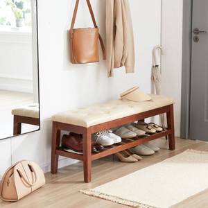 lot 3516 image: MILCIL Upholstered Shoe Bench Entryway Bench for Bedroom, End of Bed, Ottoman Bench Tufted Padded Seat with Solid Wood Shelf for Living Room, Faux Leather Ivory