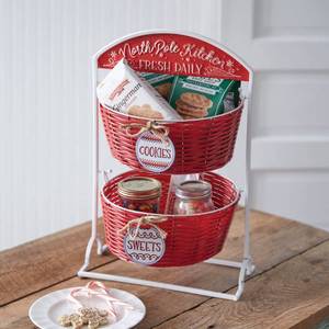 lot 3530 image: CTW Home Collection Wicker and Metal North Pole Kitchen Two-Tier Christmas Basket, 20-inch Height, Holiday Season Decoration