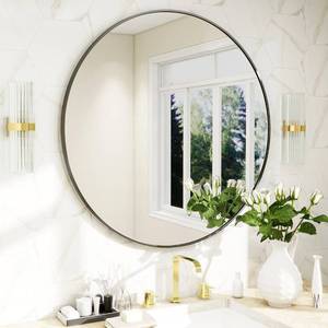 lot 3535 image: BEAUTYPEAK 20 Inch Round Mirror, Black Metal Frame Circle Mirror, Wall Mirror for Entryway, Bathroom, Vanity, Living Room, Black Circle Mirror