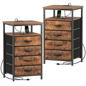 lot 3547 image: Huuger Night Stand with Charging Station, Set of 2, 4 Drawer Dresser for Bedroom, Bedside Table, 33.5 Inch Tall Nightstand with Open Shelf, End Table, for Closet, Entryway, Bedroom, Rustic Brown