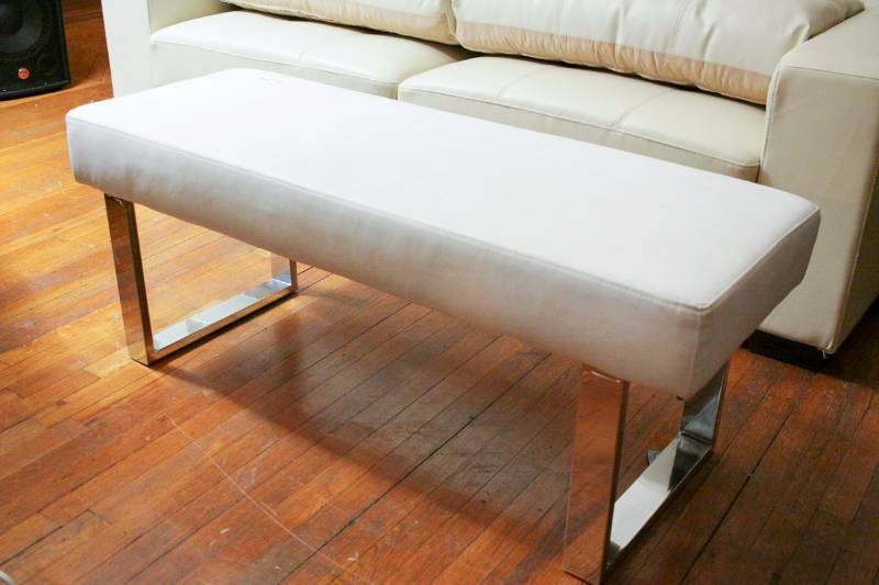lot 3085 image: White Leather and Steel OttomanBench
