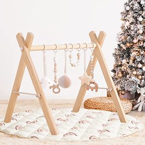 lot 1543 image: Wooden Baby Gym with 6 Baby Toys, Foldable Baby Play Gym with Rainbow Round Mat, Play Gym Frame Activity Gym Hanging Bar, Baby Gym Activity Center for Newborn, Gift Baby Girl and Boy Gym