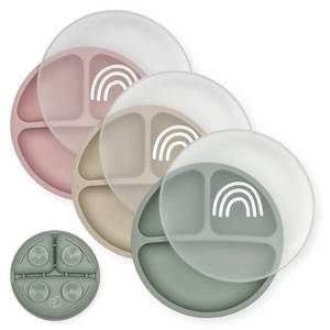 lot 1555 image: Hippypotamus Toddler Plates - Suction Plates with Lids for Baby - 100% Food-Grade Silicone - BPA Free - Dishwasher Safe - Set of 3 (SageBlushNude with LIDS)