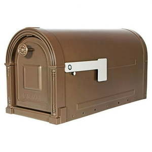 lot 1556 image: Architectural Mailboxes Garrison Large Steel Post Mount Mailbox Venetian Bronze GM160VB0. (Minor Dent On Back)