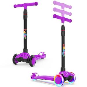 lot 1565 image: BELEEV Scooters for Kids Ages 3-12, 3 Wheel Kick Scooter for Toddlers Girls Boys, Adjustable Height, Lean to Steer, Extra-Wide Deck, Light Up Wheels, Lightweight Push Scooter for Children (Purple)