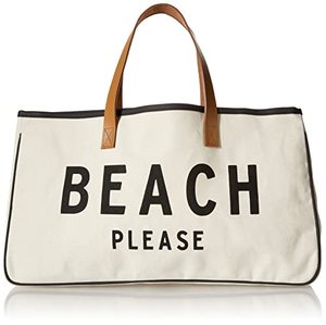 lot 1580 image: Santa Barbara Design Studio Tote Bag Hold Everything Collection Black and White 100% Cotton Canvas with Genuine Leather Handles, Large, Beach Please