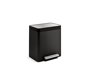 lot 1583 image: Kohler K-20942-BST 8-Gallon Compact Black Stainless Step Trash Can, Black Stainless,Black Stainless Steel. (Dent On Left Side)