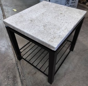 lot 1615 image: End Table With A Black Metal Frame And A Beige Granite Top. (One Corner Is Chipped)
