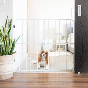 lot 2340 image: Carlson Extra Tall Metal Expandable Pet Gate White, Includes Small Pet Door 32 Tall x 22 - 38 Wide
