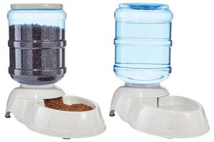 lot 3857 image: Amazon Basics Automatic Dog Cat Water Dispenser Gravity Feeder and Waterer Set, Large, 12-Pound Food Capacity, 2.5-Gallon, Gray