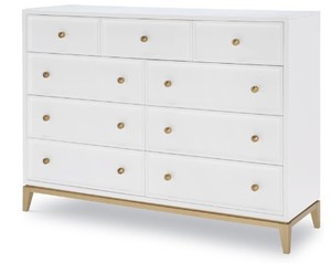 lot 1611 image: Rachael Ray Chelsea 9 Drawer Dresser In White With A Hexagonal Shape Mirror That Is 44In X 33In. (Lightly Chipped And Scratched Throughout)