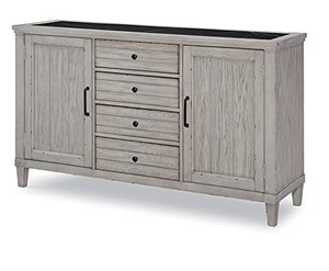 lot 1614 image: Belhaven Credenza Grey 6 Drawer Dresser With A Marble Top Piece, 4 Extra Shelves For The Big Drawers. (Back Panel Is Snapped Off On One Side)