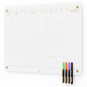 lot 1738 image: Glass Golden Monthly Dry Erase Calendar Whiteboard for Wall, 17 x 23, Frameless Large Monthly Planner Menu White Board for Home Kitchen, Office, 4 Wet Erase Markers Included, Yeoux
