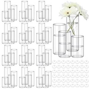 lot 1748 image: Jinei 48 Pcs 4 Sizes Glass Cylinder Vase Round Clear Vases Hurricane Floating Candle Holder with 96 Pcs Floating Candles for Holiday Wedding Centerpieces Party Event Home Decor (45 67 Inch Tall)