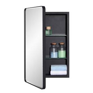 lot 1754 image: IDYLLOR Black Bathroom Mirror Medicine Cabinet with Round Corner Framed Door and Beveled Edge Mirror 15 x 25 inch, Recessed or Surface Mount, with Adjustable Glass Shelves