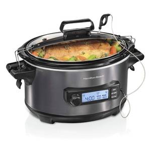 lot 2543 image: Hamilton Beach Portable 6 Quart Set & Forget Digital Programmable Slow Cooker with Lid Lock, Temperature Probe, Dishwasher Safe Crock & Lid, Black Stainless (Dented Side)