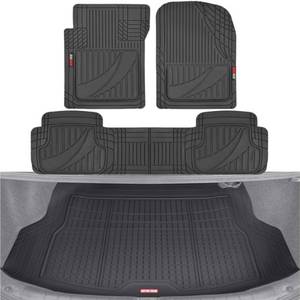lot 2563 image: Motor Trend FlexTough Advanced Black Rubber Floor Mats with Cargo Liner Full Set - Front & Rear Combo Trim to Fit for Cars Van SUV, All Weather