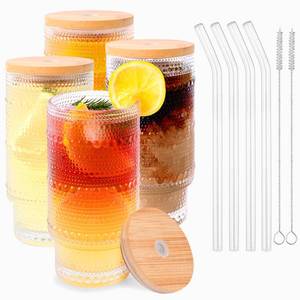 lot 2567 image: Vintage Drinking Glasses Set of 4 with Bamboo Lids and Straws, Ribbed Drinking Water Highball Glasses Set, Clear Fluted Textured Embossed Glass Iced Coffee Cups for Beer, Cocktail, Beverage(16 oz)