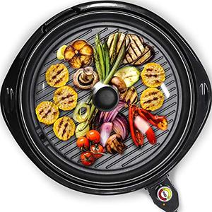 lot 2580 image: Elite Gourmet EMG-980B Smokeless Electric Tabletop Grill Nonstick, 6-Serving, Dishwasher Safe Removable Grilling Plate, Grill Indoor, Tempered Glass Lid, Adjustable Temperature, 14 Black (Cracked Side)