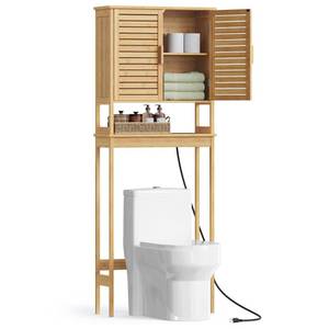 lot 3402 image: SONGMICS Over The Toilet Storage Cabinet with Charging Station, Bathroom Cabinet with Adjustable Inside Shelf and Bottom Stabilizer Bar, Space-Saving Toilet Rack, Natural Beige UBTS015N01