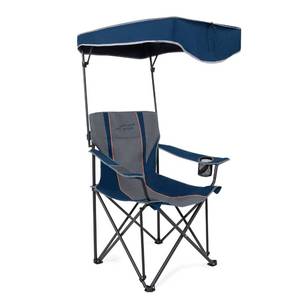 lot 3406 image: FAIR WIND Oversized Camping Lounge Chair with Adjustable Shade Canopy, Heavy Duty Quad Fold Chair Arm Chair - Support 350 LBS(Blue Grey)