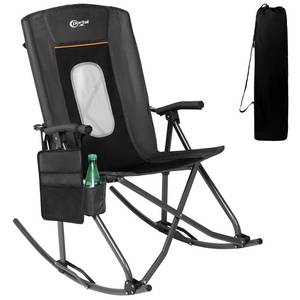 lot 3427 image: PORTAL Oversized Folding Rocking Camping Chair Portable Outdoor Rocker with High Back Hard Armrests Carry Bag, Supports 300 lbs, Mesh Back, Black