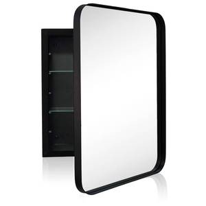 lot 3431 image: Black Bathroom Medicine Cabinet with Mirror, 18 x 24 Inch Metal Frame Single Door Rounded Rectangle Medicine Cabinet, Recessed or Wall Mount, Bathroom Storage Cabinet with 2 Adjustable Glass Shelves
