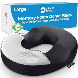 lot 3434 image: 5 STARS UNITED Donut Pillow Hemorrhoid Tailbone Cushion Large Black Seat Cushion Pain Relief for Coccyx, Prostate, Sciatica, Pelvic Floor, Pressure Sores, Pregnancy