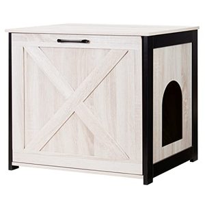 lot 3437 image: DWANTON Cat Litter Box Furniture Hidden, Cat Litter Box Enclosure, Reversible Entrance Can Be on Left or Right Side, Indoor Cat Box Cabinet, Wooden Cat Washroom, End Table, Nightstand, Beige