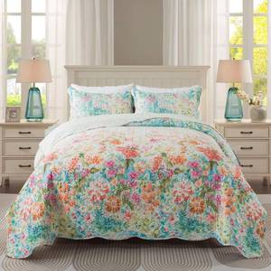 lot 3474 image: Travan Floral Quilt King Quilt Bedding Set, Fade Resistant Microfiber King Size Quilt Set with 1 Quilt Set and 2 Shams Champagne Coverlet Set for All Season, Dream Garden-Champagne, King