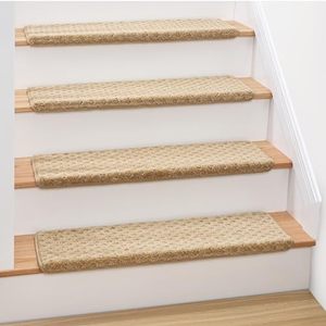lot 3475 image: MBIGM Bullnose Non-Slip Stair Treads with Reusable Adhesive (14 Pack) 9.5 x 30 Wooden Steps Protection -TPU Backing with Steel Reinforcement - Anti-Slip Solution - Lattice, Camel