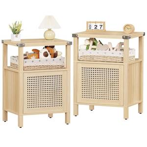 lot 4675 image: Lerliuo Rattan Nightstands Set of 2, Side End Table with Handmade Natural Rattan Door and Open Shelf, Wood Accent Night Stand with Storage, Mid Century Bedside Table for Bedroom, Living Room (Wood) (MISSING HARDWARE).