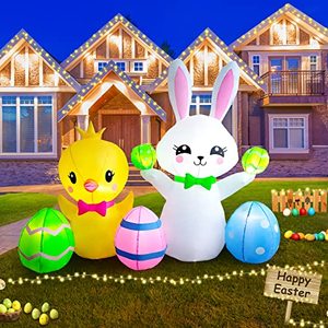 lot 4681 image: 6 FT Easter Inflatables Outdoor Decorations, Built-in LED Easter Blow UP Yard Decorations, Suitable for Yard, Garden, Outdoor, Lawn,Bunny Chicks Playing Decoration