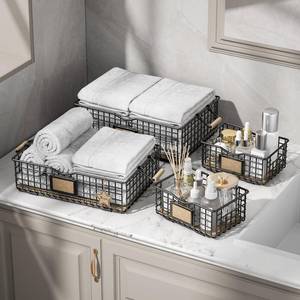 lot 4688 image: Qcold Baskets for Organizing, Storage Basket for Shelves, Multipurpose Counter Organizer with Wooden Handles, Decorative Organizing Bins for Countertop, Wire Basket Set for Bathroom, Living Room