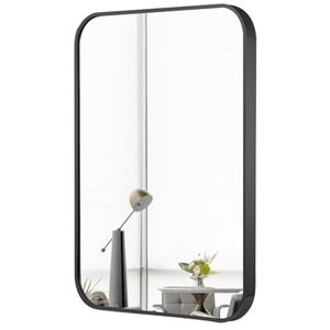 lot 4691 image: DOIMUSIM Black Vanity Mirror Bathroom for Over Sink,Wall-Mounted Aluminum Framed Mirror for Bedroom,Restroom,Corner,Modern Rounded Corner Anti-Rust Hanging Mirrors of Home-20  28in
